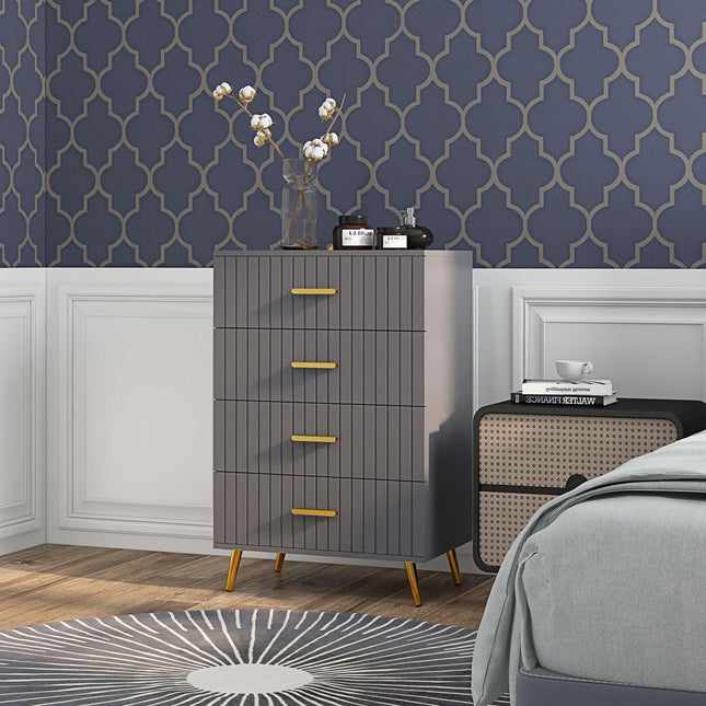 Four Drawer Embossed Line Dresser with Gold Handles - Grey/Gold Tone