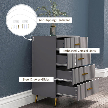 Four Drawer Embossed Line Dresser with Gold Handles - Grey/Gold Tone
