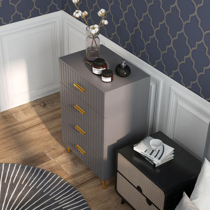 Four Drawer Embossed Line Dresser with Gold Handles - Grey/Gold Tone