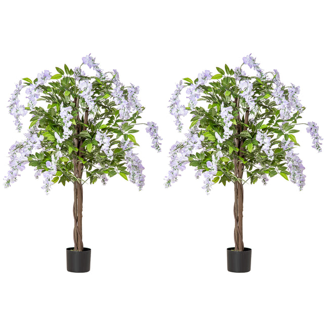 Set of 2 Artificial Wisteria Plants in Pot 100cm - Green Purple