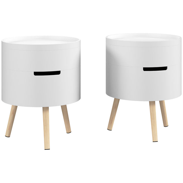 3-Tier Round Coffee Table Set of 2 with Hidden Storage and Detachable Tray - White