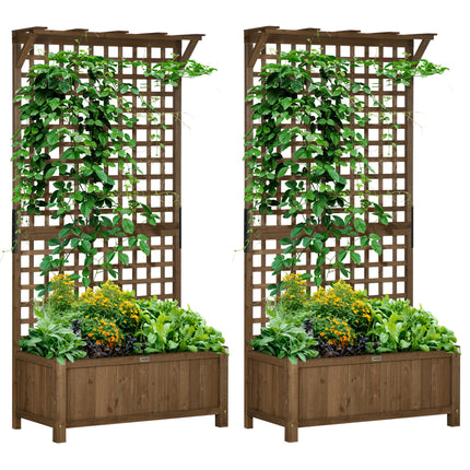 Set of 2 Raised Fir Wood Planters with Trellis and Drainage Holes - Brown