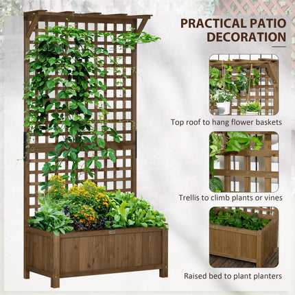 Set of 2 Raised Fir Wood Planters with Trellis and Drainage Holes - Brown