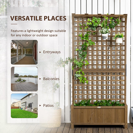 Set of 2 Raised Fir Wood Planters with Trellis and Drainage Holes - Brown