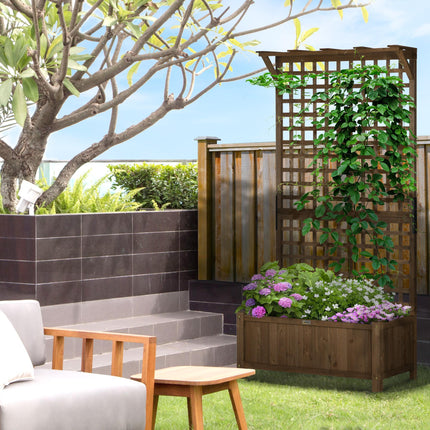 Set of 2 Raised Fir Wood Planters with Trellis and Drainage Holes - Brown