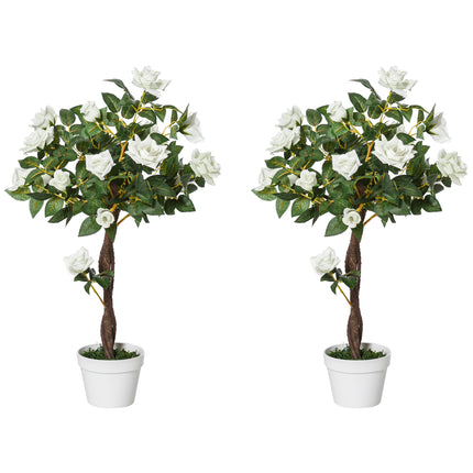 Set of 2 Artificial White Rose Plants in Cement Pots 90cm - White