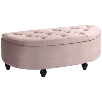 Semi-Circle Storage Bed End Bench Ottoman with Tufted Upholstered Seat and Rubberwood Legs - Pink