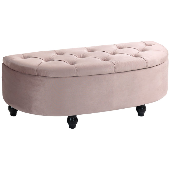 Semi-Circle Storage Bed End Bench Ottoman with Tufted Upholstered Seat and Rubberwood Legs - Pink