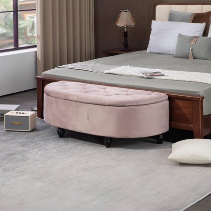 Semi-Circle Storage Bed End Bench Ottoman with Tufted Upholstered Seat and Rubberwood Legs - Pink