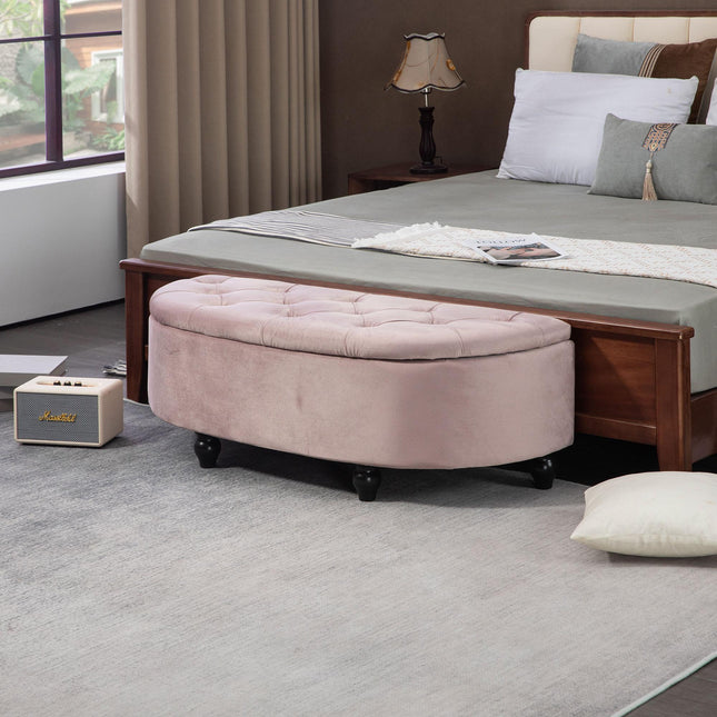 Semi-Circle Storage Bed End Bench Ottoman with Tufted Upholstered Seat and Rubberwood Legs - Pink