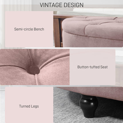 Semi-Circle Storage Bed End Bench Ottoman with Tufted Upholstered Seat and Rubberwood Legs - Pink