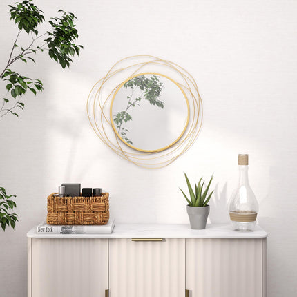 Abstract Metal Wire Wall Mirror with Hanging Accessories - Gold Tone