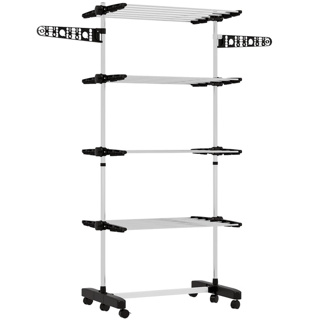 Four-Shelf Collapsible Clothes Horse with Side Arms and Wheels - Black