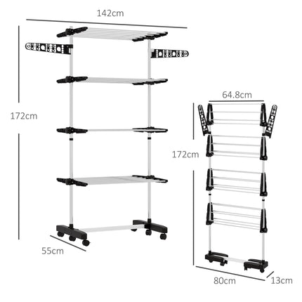 Four-Shelf Collapsible Clothes Horse with Side Arms and Wheels - Black