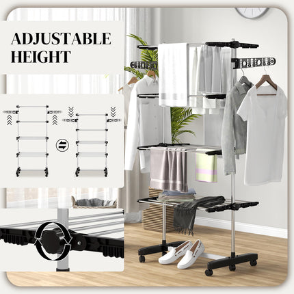 Four-Shelf Collapsible Clothes Horse with Side Arms and Wheels - Black
