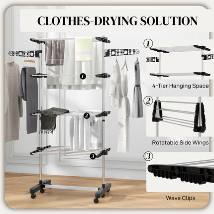 Four-Shelf Collapsible Clothes Horse with Side Arms and Wheels - Black