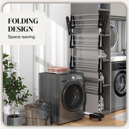 Four-Shelf Collapsible Clothes Horse with Side Arms and Wheels - Black