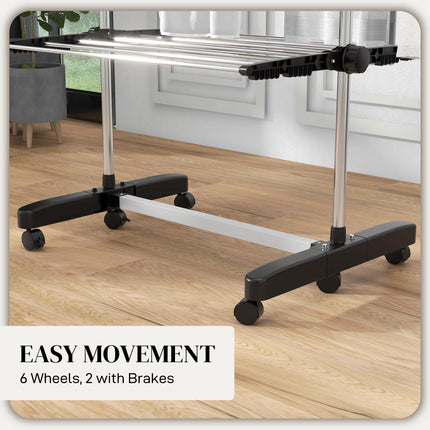 Four-Shelf Collapsible Clothes Horse with Side Arms and Wheels - Black