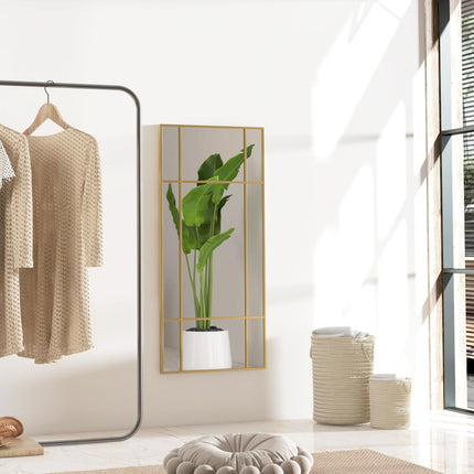 Decorative Grid Wall Mirror with Back Hooks 110x50 cm - Gold Tone