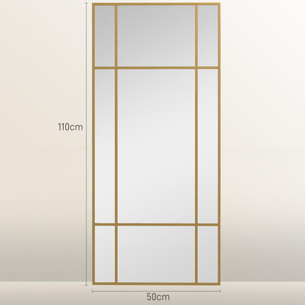 Decorative Grid Wall Mirror with Back Hooks 110x50 cm - Gold Tone