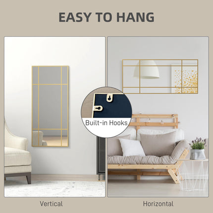 Decorative Grid Wall Mirror with Back Hooks 110x50 cm - Gold Tone