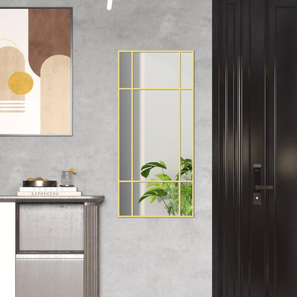Decorative Grid Wall Mirror with Back Hooks 110x50 cm - Gold Tone