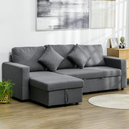 3 Seater Corner Sofa Bed with Storage and Reversible Chaise Lounge - Dark Grey