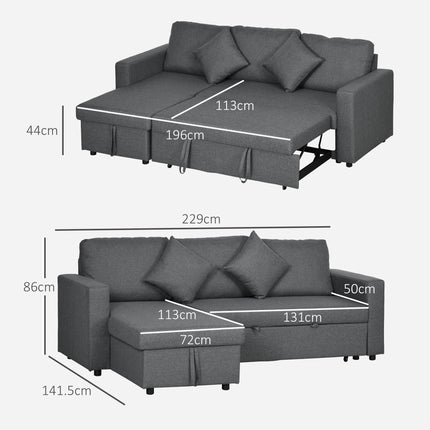 3 Seater Corner Sofa Bed with Storage and Reversible Chaise Lounge - Dark Grey