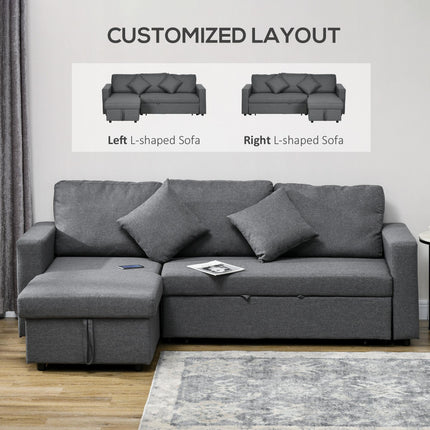 3 Seater Corner Sofa Bed with Storage and Reversible Chaise Lounge - Dark Grey