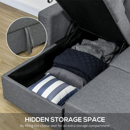 3 Seater Corner Sofa Bed with Storage and Reversible Chaise Lounge - Dark Grey