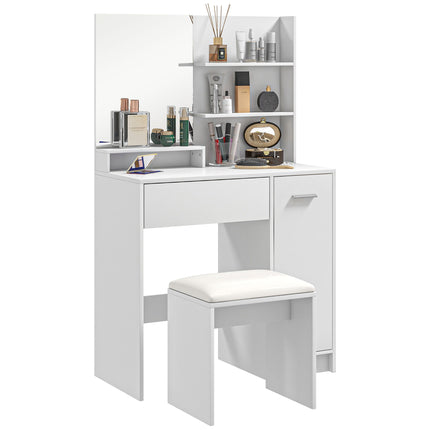 Modern Dressing Table with Mirror, Stool & Storage - White