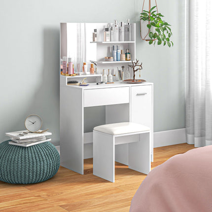 Modern Dressing Table with Mirror, Stool & Storage - White