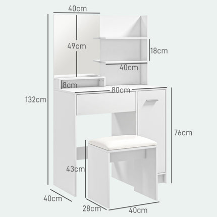 Modern Dressing Table with Mirror, Stool & Storage - White