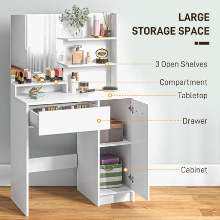 Modern Dressing Table with Mirror, Stool & Storage - White