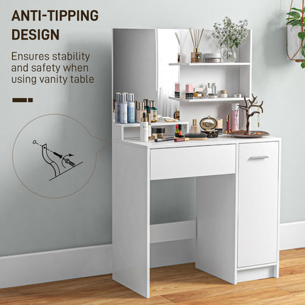Modern Dressing Table with Mirror, Stool & Storage - White