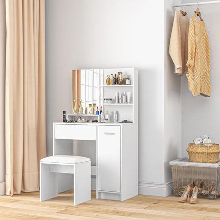 Modern Dressing Table with Mirror, Stool & Storage - White