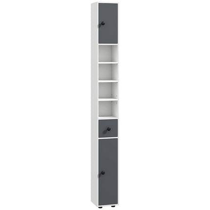 180cm Slim Bathroom Cabinet with Drawer, Shelves & Cupboards - Grey