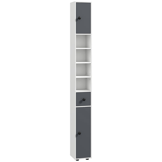 180cm Slim Bathroom Cabinet with Drawer, Shelves & Cupboards - Grey