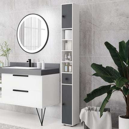 180cm Slim Bathroom Cabinet with Drawer, Shelves & Cupboards - Grey