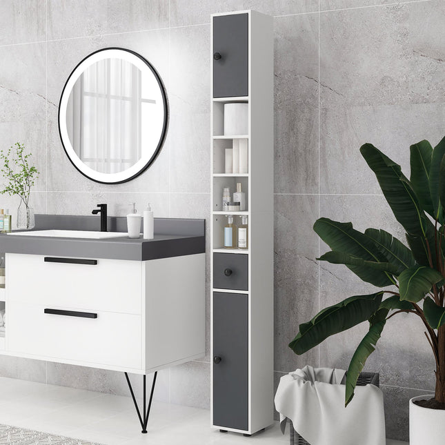 180cm Slim Bathroom Cabinet with Drawer, Shelves & Cupboards - Grey