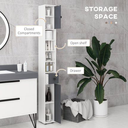 180cm Slim Bathroom Cabinet with Drawer, Shelves & Cupboards - Grey
