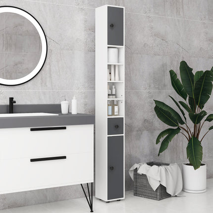 180cm Slim Bathroom Cabinet with Drawer, Shelves & Cupboards - Grey
