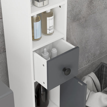 180cm Slim Bathroom Cabinet with Drawer, Shelves & Cupboards - Grey