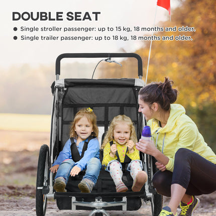 2 Seat Baby Bike Trailer with 5 Point Harness, Safety Flag & Reflectors for 18+ Months - Black