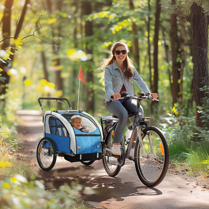2 Seat Baby Bike Trailer with 5 Point Harness, Safety Flag & Reflectors for 18+ Months - Blue