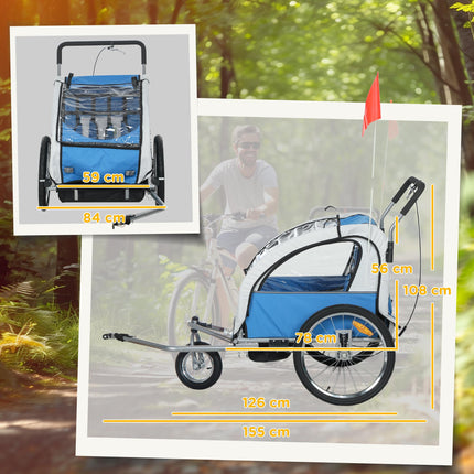 2 Seat Baby Bike Trailer with 5 Point Harness, Safety Flag & Reflectors for 18+ Months - Blue