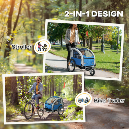 2 Seat Baby Bike Trailer with 5 Point Harness, Safety Flag & Reflectors for 18+ Months - Blue