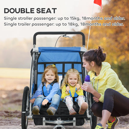 2 Seat Baby Bike Trailer with 5 Point Harness, Safety Flag & Reflectors for 18+ Months - Blue