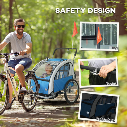 2 Seat Baby Bike Trailer with 5 Point Harness, Safety Flag & Reflectors for 18+ Months - Blue