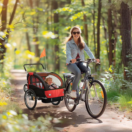 2 Seat Baby Bike Trailer with 5-Point Harness, Safety Flag & Reflectors for 18+ Months - Red